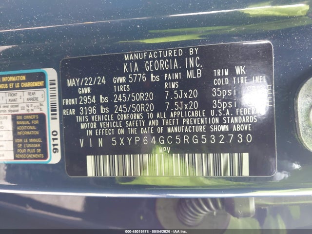 45019878 :رقم المزاد ، 5XYP64GC5RG532730 vin ، 2024 Kia Telluride S مزاد بيع