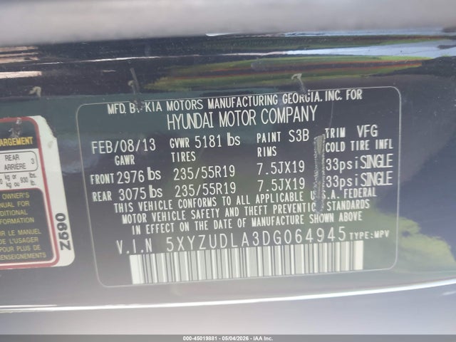 Продаж на аукціоні авто 2013 Hyundai Santa Fe Sport 2.0t, vin: 5XYZUDLA3DG064945, номер лоту: 45019881