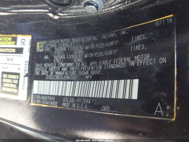2018 Toyota Sienna L 7 Passenger მანქანა იყიდება აუქციონზე, vin: 5TDZZ3DC9JS962007, აუქციონის ნომერი: 45019899