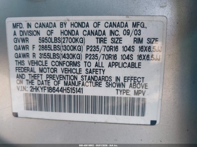 45019902 :رقم المزاد ، 2HKYF18644H515141 vin ، 2004 Honda Pilot Ex-l مزاد بيع