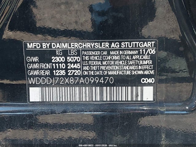 45019922 :رقم المزاد ، WDDDJ72X87A099470 vin ، 2007 Mercedes-benz Cls 550 مزاد بيع