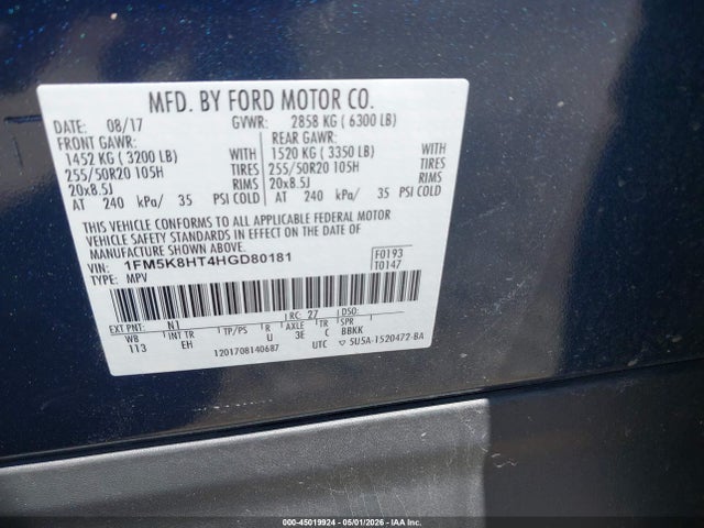 2017 Ford Explorer Platinum მანქანა იყიდება აუქციონზე, vin: 1FM5K8HT4HGD80181, აუქციონის ნომერი: 45019924
