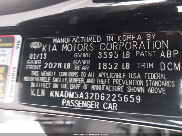 2013 Kia Rio Lx მანქანა იყიდება აუქციონზე, vin: KNADM5A32D6225659, აუქციონის ნომერი: 45019925