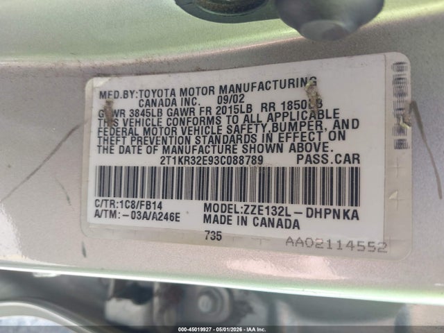 Aukcja sprzedaży 2003 Toyota Matrix Xr, vin: 2T1KR32E93C088789, numer aukcji: 45019927