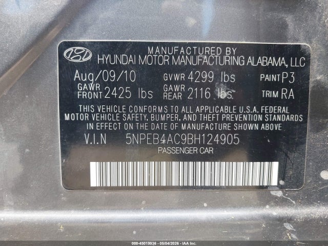 2011 Hyundai Sonata Gls მანქანა იყიდება აუქციონზე, vin: 5NPEB4AC9BH124905, აუქციონის ნომერი: 45019936