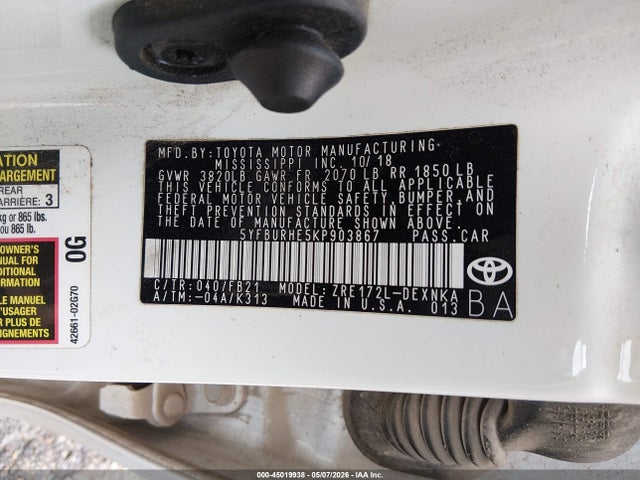 Aukcja sprzedaży 2019 Toyota Corolla Le, vin: 5YFBURHE5KP903867, numer aukcji: 45019938