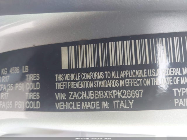2019 Jeep Renegade Altitude 4x4 მანქანა იყიდება აუქციონზე, vin: ZACNJBBBXKPK26697, აუქციონის ნომერი: 45019945