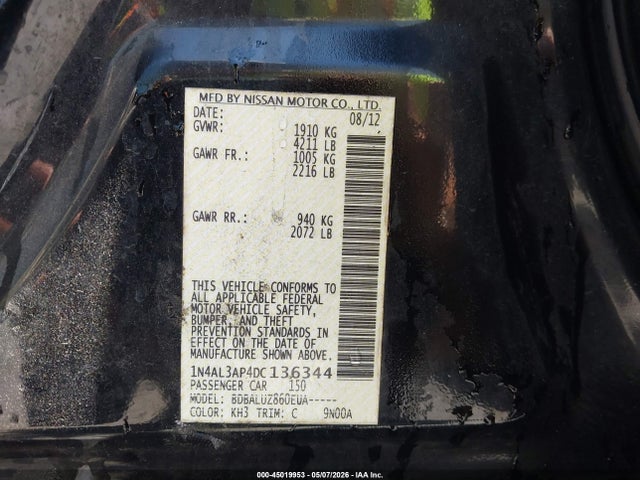 45019953 :رقم المزاد ، 1N4AL3AP4DC136344 vin ، 2013 Nissan Altima 2.5 Sv مزاد بيع