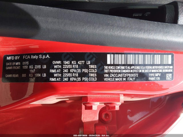 2015 Jeep Renegade Latitude მანქანა იყიდება აუქციონზე, vin: ZACCJABT2FPB30372, აუქციონის ნომერი: 45019956