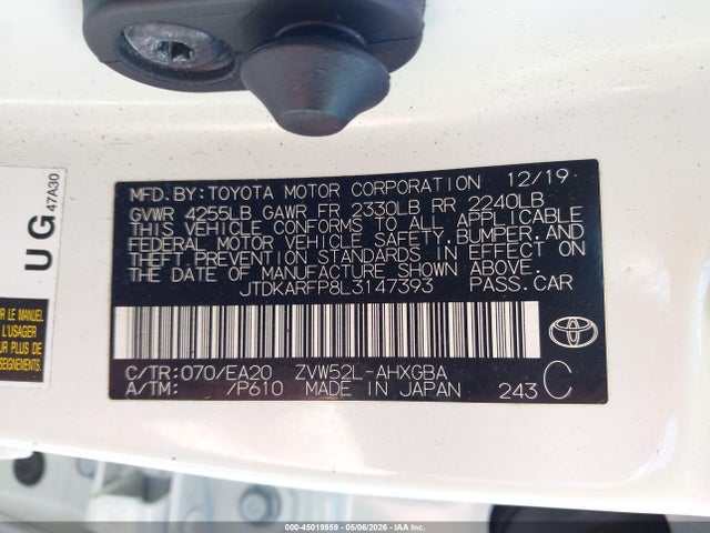 2020 Toyota Prius Prime Xle მანქანა იყიდება აუქციონზე, vin: JTDKARFP8L3147393, აუქციონის ნომერი: 45019959