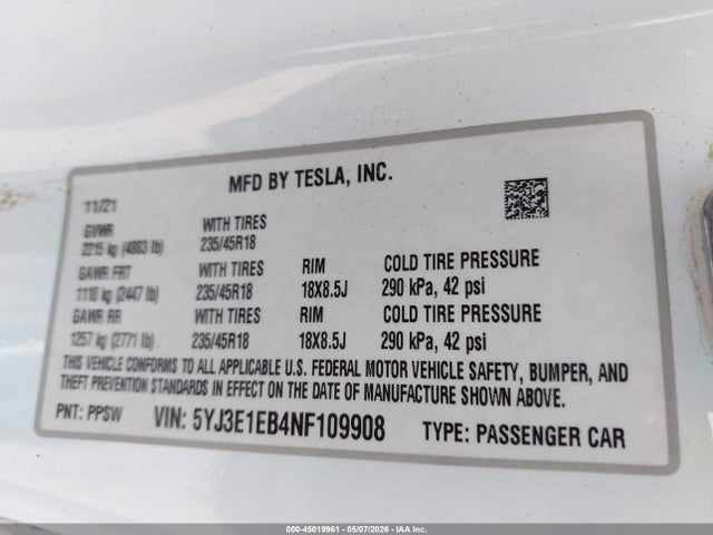 Продаж на аукціоні авто 2022 Tesla Model 3 Long Range Dual Motor All-wheel Drive, vin: 5YJ3E1EB4NF109908, номер лоту: 45019961