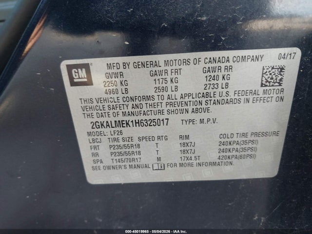 Aukcja sprzedaży 2017 Gmc Terrain Sle-1, vin: 2GKALMEK1H6325017, numer aukcji: 45019965