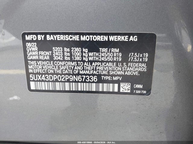 Aukcja sprzedaży 2023 Bmw X3 Sdrive30i, vin: 5UX43DP02P9N67336, numer aukcji: 45019966