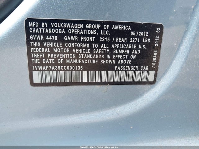45019967 :رقم المزاد ، 1VWAP7A39CC090136 vin ، 2012 Volkswagen Passat 2.5l S مزاد بيع