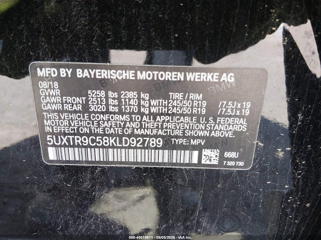45019971 :رقم المزاد ، 5UXTR9C58KLD92789 vin ، 2019 Bmw X3 Xdrive30i مزاد بيع