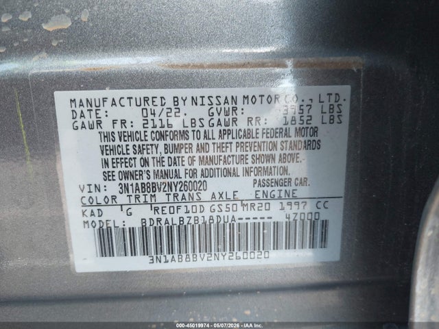 3N1AB8BV2NY260020 Nissan Sentra S Xtronic Cvt