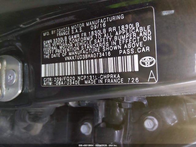 2017 Toyota Yaris L მანქანა იყიდება აუქციონზე, vin: VNKKTUD38HA073416, აუქციონის ნომერი: 45019984