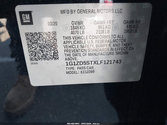 2020 Chevrolet Malibu Fwd Lt მანქანა იყიდება აუქციონზე, vin: 1G1ZD5STXLF121743, აუქციონის ნომერი: 45019987