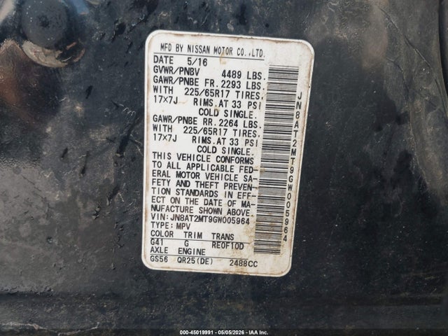 JN8AT2MT9GW005964 Nissan Rogue S/sl/sv