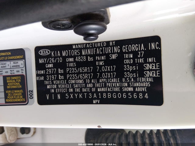 Продажа на аукционе авто 2011 Kia Sorento Lx, vin: 5XYKT3A18BG065684, номер лота: 45019998