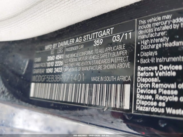 Продажа на аукционе авто 2011 Mercedes-benz C 300 Luxury/sport, vin: WDDGF5EB3BR171401, номер лота: 45020001