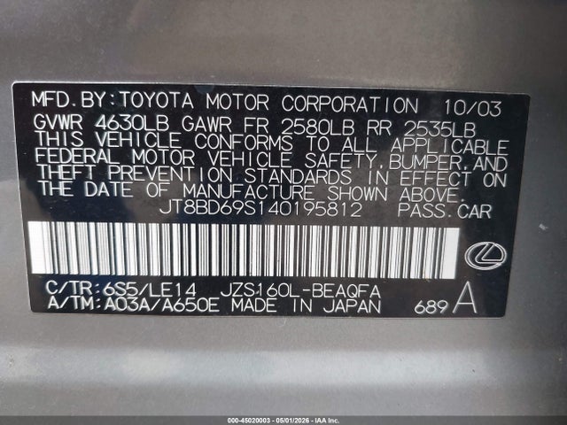 Aukcja sprzedaży 2004 Lexus Gs 300, vin: JT8BD69S140195812, numer aukcji: 45020003