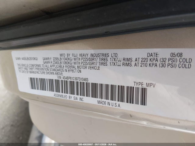 Aukcja sprzedaży 2009 Subaru Outback 2.5i, vin: 4S4BP61C597310483, numer aukcji: 45020007