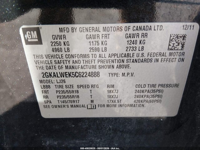 45020025 :رقم المزاد ، 2GKALWEK5C6224888 vin ، 2012 Gmc Terrain Slt-2 مزاد بيع