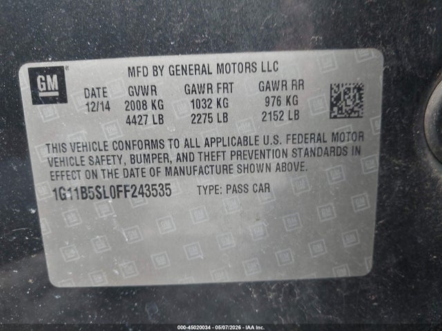 2015 Chevrolet Malibu Ls მანქანა იყიდება აუქციონზე, vin: 1G11B5SL0FF243535, აუქციონის ნომერი: 45020034