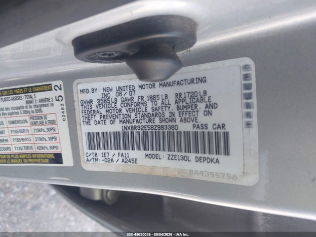 Auction sale of the 2008 Toyota Corolla Ce, vin: 1NXBR32E58Z983380, lot number: 45020036