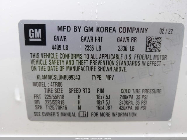 45020042 :رقم المزاد ، KL4MMCSL0NB099343 vin ، 2022 Buick Encore Gx Awd Preferred مزاد بيع