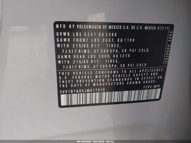 Продаж на аукціоні авто 2018 Volkswagen Tiguan 2.0t S, vin: 3VV1B7AX5JM017976, номер лоту: 45020046