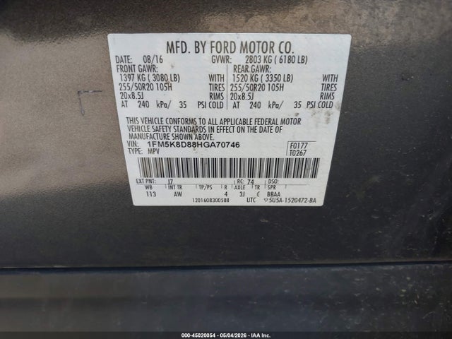 1FM5K8D88HGA70746 Ford EXPLORER XLT