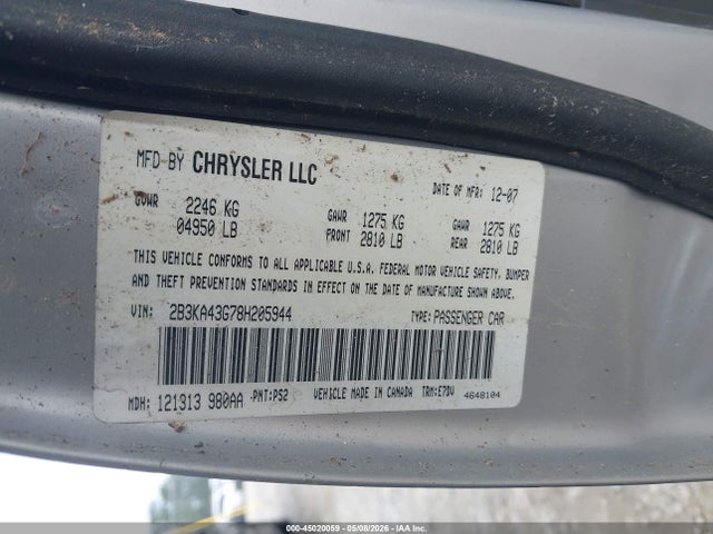 45020059 :رقم المزاد ، 2B3KA43G78H205944 vin ، 2008 Dodge Charger مزاد بيع
