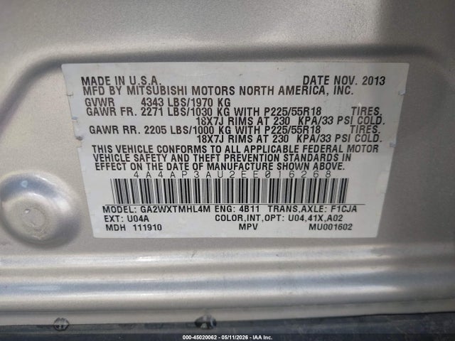 Продаж на аукціоні авто 2014 Mitsubishi Outlander Sport Es, vin: 4A4AP3AU2EE016268, номер лоту: 45020062