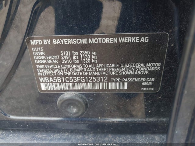 45020065 :رقم المزاد ، WBA5B1C53FG125312 vin ، 2015 Bmw 535i مزاد بيع