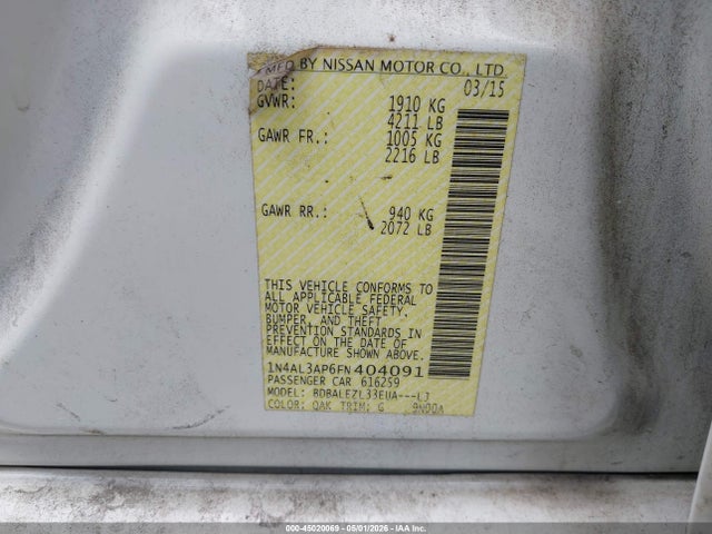 Продажа на аукционе авто 2015 Nissan Altima 2.5 S, vin: 1N4AL3AP6FN404091, номер лота: 45020069