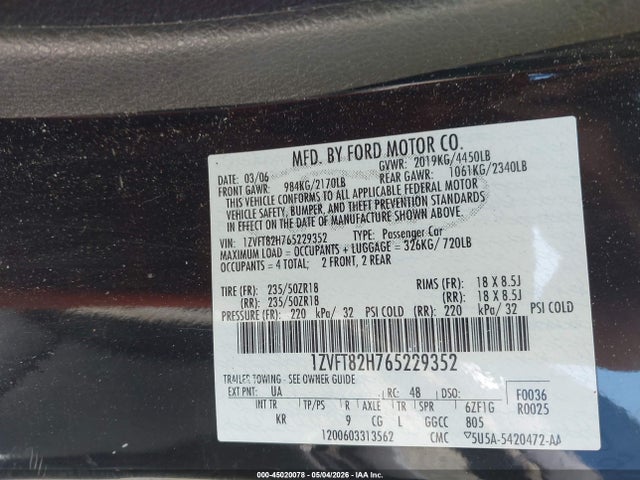 Aukcja sprzedaży 2006 Ford Mustang Gt, vin: 1ZVFT82H765229352, numer aukcji: 45020078