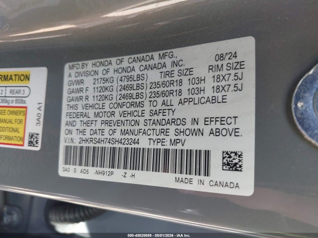 Продажа на аукционе авто 2025 Honda Cr-v Ex-l Awd, vin: 2HKRS4H74SH423244, номер лота: 45020089
