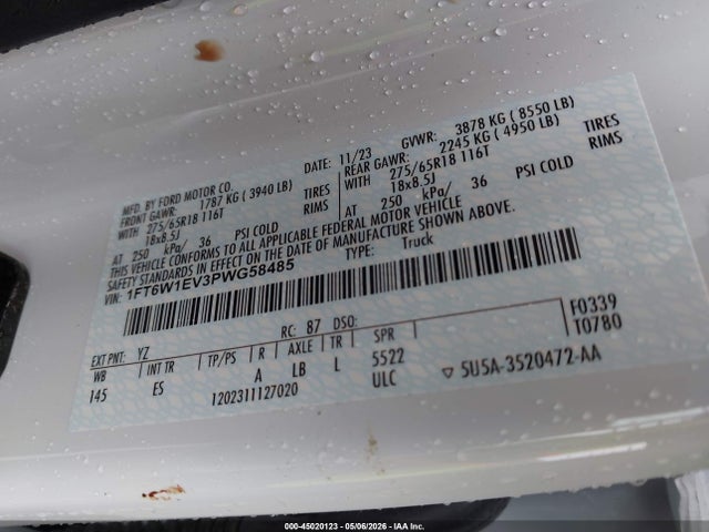 45020123 :رقم المزاد ، 1FT6W1EV3PWG58485 vin ، 2023 Ford F-150 Lightning Pro مزاد بيع