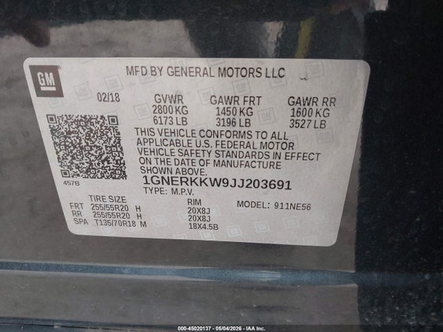 2018 Chevrolet Traverse Premier მანქანა იყიდება აუქციონზე, vin: 1GNERKKW9JJ203691, აუქციონის ნომერი: 45020137