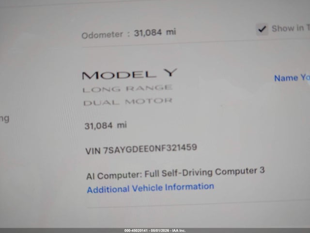 7SAYGDEE0NF321459 Tesla Model Y Long Range Dual Motor All-wheel Drive
