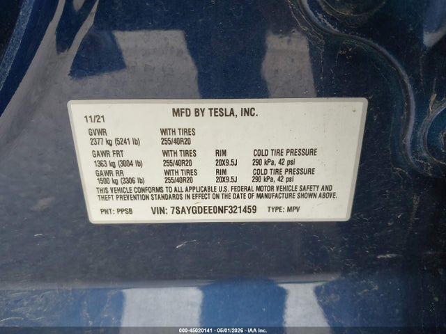 7SAYGDEE0NF321459 Tesla Model Y Long Range Dual Motor All-wheel Drive