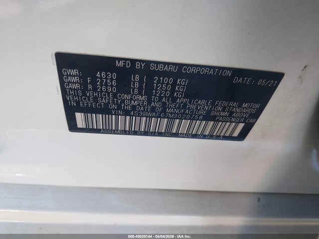 Продаж на аукціоні авто 2021 Subaru Legacy Premium, vin: 4S3BWAF67M3020758, номер лоту: 45020144