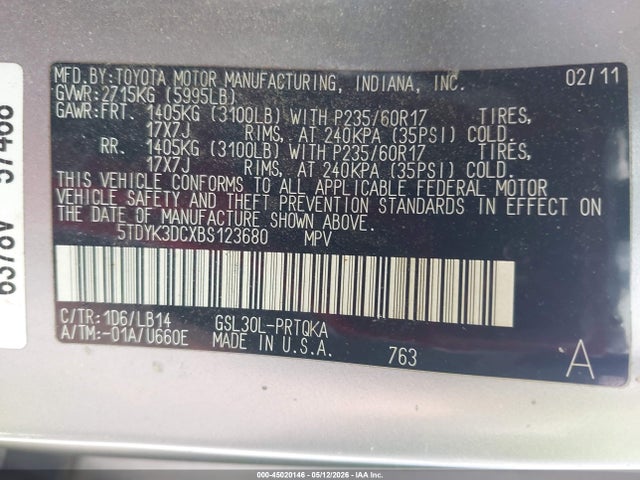 45020146 :رقم المزاد ، 5TDYK3DCXBS123680 vin ، 2011 Toyota Sienna Xle V6 مزاد بيع
