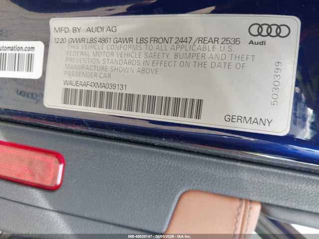 Продаж на аукціоні авто 2021 Audi A4 Premium Plus 45 Tfsi S Line Quattro S Tronic, vin: WAUEAAF4XMA039131, номер лоту: 45020147
