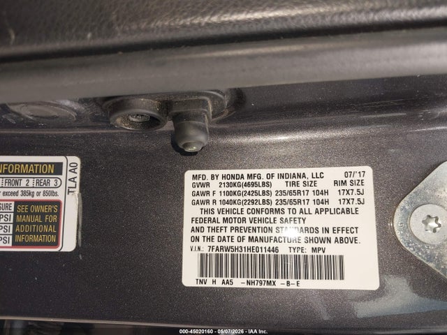 Продажа на аукционе авто 2017 Honda Cr-v Lx, vin: 7FARW5H31HE011446, номер лота: 45020160