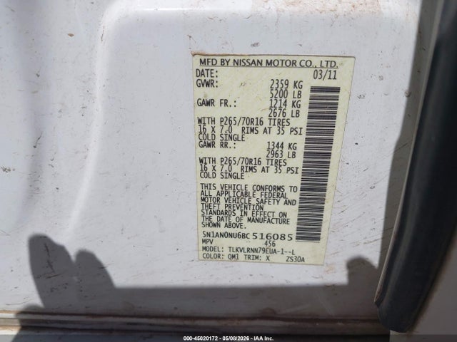2011 Nissan Xterra S მანქანა იყიდება აუქციონზე, vin: 5N1AN0NU6BC516085, აუქციონის ნომერი: 45020172