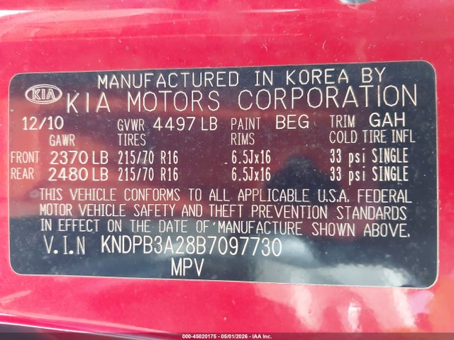 Aukcja sprzedaży 2011 Kia Sportage Lx, vin: KNDPB3A28B7097730, numer aukcji: 45020175
