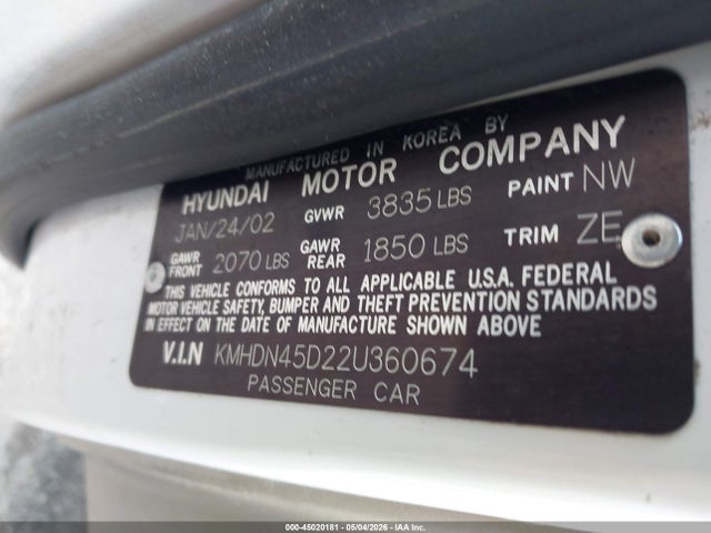 Aukcja sprzedaży 2002 Hyundai Elantra Gls, vin: KMHDN45D22U360674, numer aukcji: 45020181